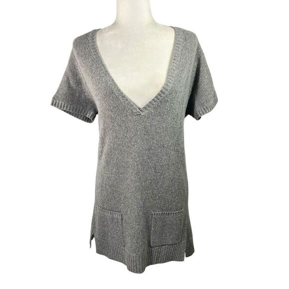 Eileen Fisher Short Sleeve Silk Wool Blend Medium Gray Knit Tunic Sweater Top - Picture 1 of 12